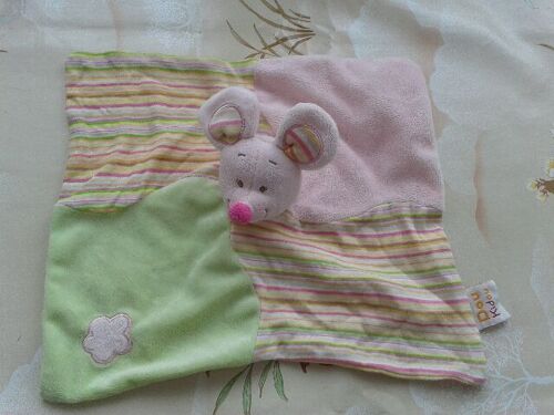 Doudou Plat Souris Rose Et Vert Rayé Doukidou