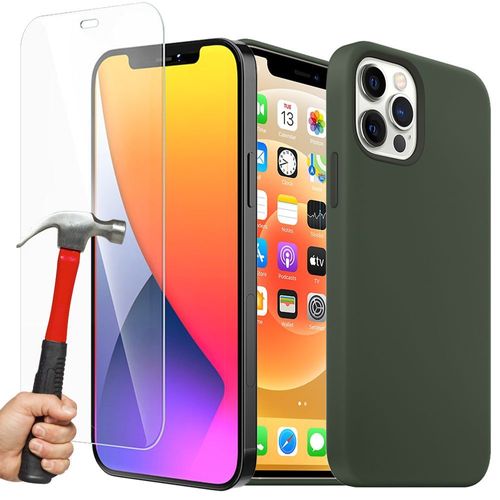 Coque Silicone Mat Pour Iphone 13 Pro (6,1) Vert Nuit Et 2 Verres Trempes Vitre Protection D'ecran