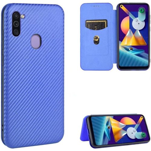 Compatible Avec Coque Samsung Galaxy M11, Mince Flip Fibre De Carbone [Test De Chute] Antichoc Stand Fente Avec Carte, Protecteur D'écran En Verre Trempé*2-Bleu