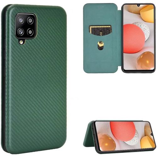 Compatible Avec Coque Samsung Galaxy A42 5g, Mince Flip Fibre De Carbone [Test De Chute] Antichoc Stand Fente Avec Carte, Protecteur D'écran En Verre Trempé*2-Vert