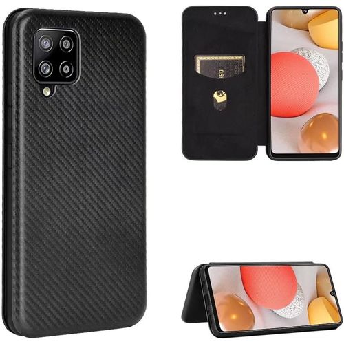 Compatible Avec Coque Samsung Galaxy A42 5g, Mince Flip Fibre De Carbone [Test De Chute] Antichoc Stand Fente Avec Carte, Protecteur D'écran En Verre Trempé*2-Noir