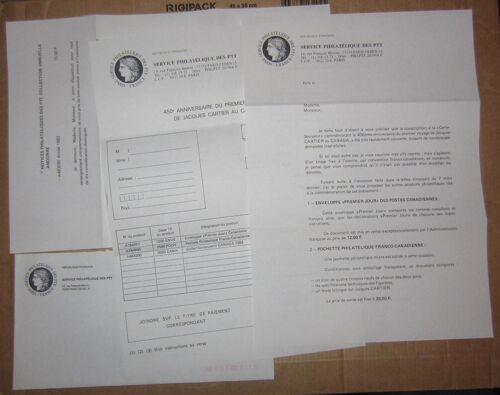 Service Philatélique Des Ptt Avril 1984 Lettres Et Bon De Commande 450ème Anniversaire Du Premier Voyage De Jacques Cartier + Enveloppe
