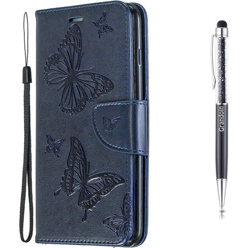 Coque Pour Huawei Mate 20 Lite, Tui De Protection Housse En Pu Cuir Avec Papillon Imprim Case Cover Tui Rabat Fente De Carte Bookstyle Cover Pour Huawei Mate 20 Lite - Bleu Fonc