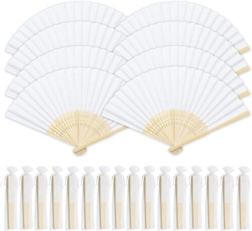 Pack 16 Eventails Soie Pour Mariage Blanc + Sachet Individuel En Organza - Le Haut De Gamme Au Meilleur Prix (Blanc, 16)