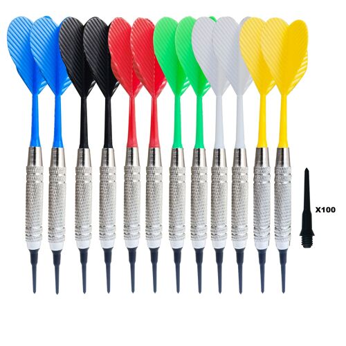 2 black, white, red, yellow, blue, and green each Fléchettes Pointe en Plastique, Lot de 12 fléchettes pour Cible électronique Comprend 100 Pointes pour fléchettes de et Plume