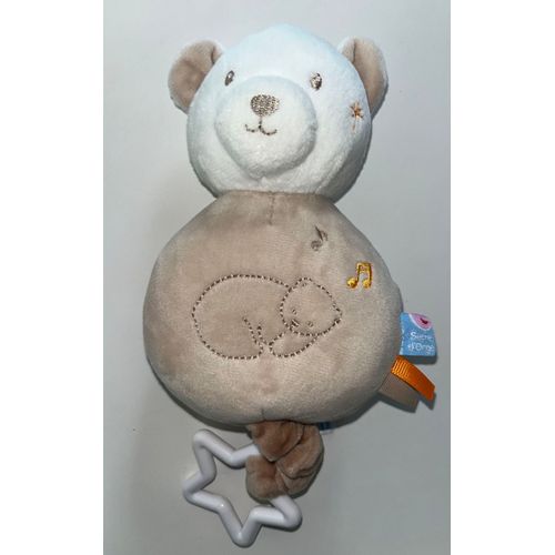 Doudou musical peluche boîte à musique sucre d'orge ours beige blanc