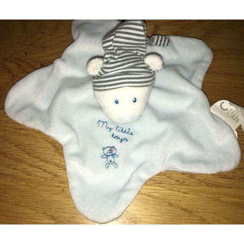 Doudou Peluche Plat Ours Ourson Nicotoy Kiabi Kitchoun My Little Toys Bleu Ciel  Bonnet Rayé Blanc Gris