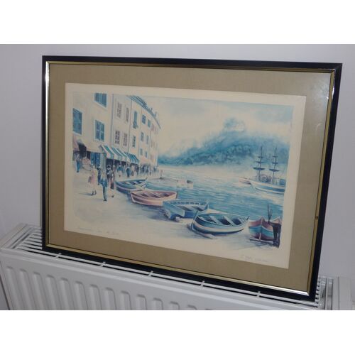 Aquarelle "Promenade Sur Le Port" ,Signée: J.Y.Charais, Encadrée & Sous Verre