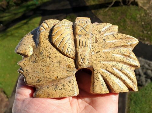 Tête Aztèque Sculptée En Jaspe Naturel De 13 Cm Et 446 Gr