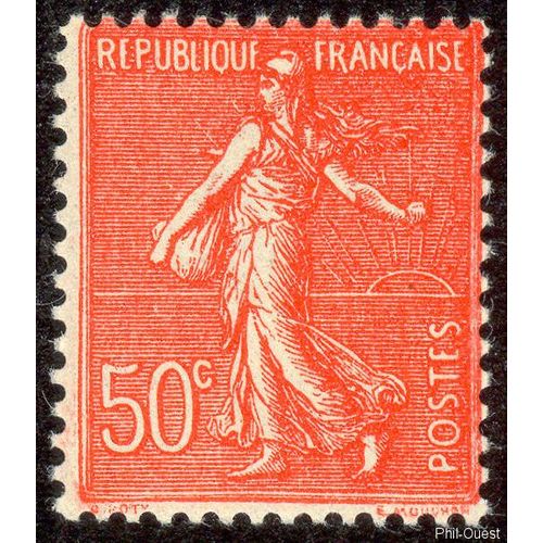 France 1926, Très Beau Timbre Neuf** Luxe Yvert 199, Semeuse Lignée 50c Rouge Orange.