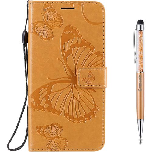 Coque Pour Xiaomi Redmi 9, Papillon Gaufrage Housse Rtro Pu En Cuir Premium Bookstyle Flip Portefeuille Etui Avec Tpu Silicone Souple Phone Case Avec Fermeture Magntique (Jaune