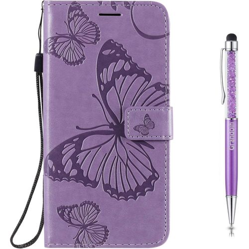 Coque Pour Xiaomi Redmi 9a, Papillon Gaufrage Housse Rtro Pu En Cuir Premium Bookstyle Flip Portefeuille Etui Avec Tpu Silicone Souple Phone Case Avec Fermeture Magntique (Violet