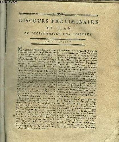 Encyclopedie Methodique - Histoire Naturelle Des Insectes - Ouvrage Contenant Uniquement Le Discours Préliminaire Et Plan Du Dictionnaire Des Insectes Par M.Mauduyt .