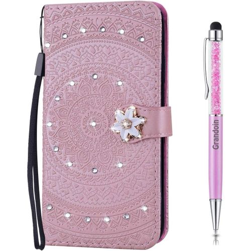 Coque Pour Xiaomi Redmi 6 Pro, [Srie Mandala] Brillant Cristal Diamant Bookstyle Flip Cover Tui De Protection Housse En Pu Cuir Avec Tpu Silicone Souple Phone Case (Rose)