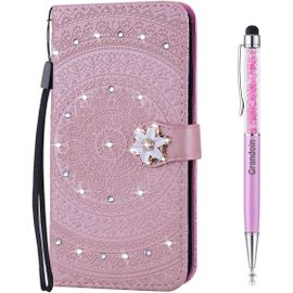 Coque Pour Huawei Honor 8x, [Srie Mandala] Brillant Cristal Diamant Bookstyle Flip Cover Tui De Protection Housse En Pu Cuir Avec Tpu Silicone Souple Phone Case (Rose)