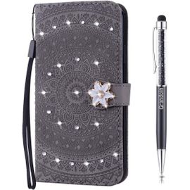 Coque Pour Huawei Honor 8x, [Srie Mandala] Brillant Cristal Diamant Bookstyle Flip Cover Tui De Protection Housse En Pu Cuir Avec Tpu Silicone Souple Phone Case (Gris)