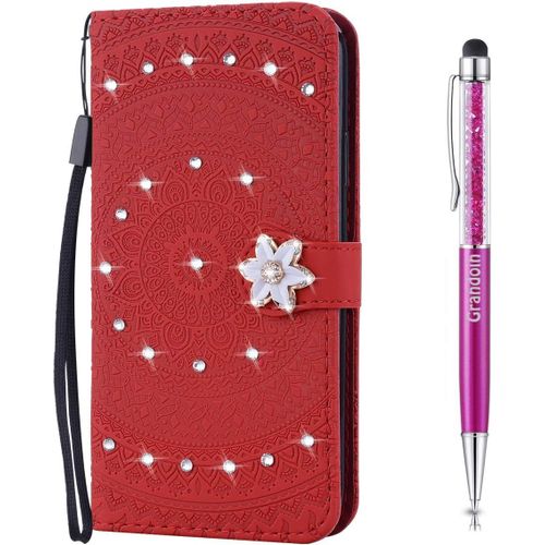 Coque Pour Samsung Galaxy S7 Edge, [Srie Mandala] Brillant Cristal Diamant Bookstyle Flip Cover Tui De Protection Housse En Pu Cuir Avec Tpu Silicone Souple Phone Case (Rouge)