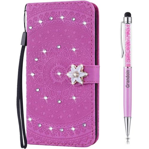 Coque Pour Huawei P9 Lite, [Srie Mandala] Brillant Cristal Diamant Bookstyle Flip Cover Tui De Protection Housse En Pu Cuir Avec Tpu Silicone Souple Phone Case (Rose Rouge)