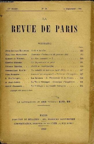 Revue De Paris 30e Annee N°18 - Jean-Jacques Rousseau. Princesse Metternich . Gilbert De Voisins Charles Géniaux . Éléonor Gizycka . Commandant Koeltz Jean Pommier .L. Houllevigue.G. ...