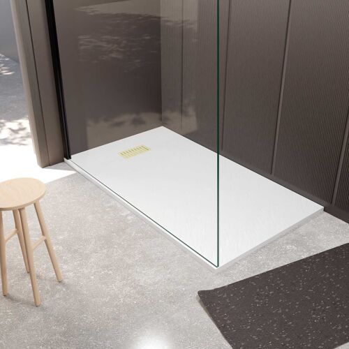 Pack Receveur Blanc Effet Pierre 80x140 cm et Grille décor Linéaire Or Doré Brossé