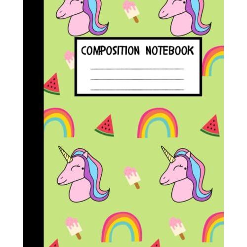 Colorful Rainbow & Unicorn Pattern Composition Notebook (B912345): Wide-Ruled, 100 Pages, 7.5" X 9.25", For Kids, Teens, Students & Adults (Mia Camellia Composition Notebooks)