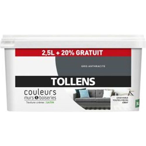 Peinture murs et boiseries Tollens gris anthracite satin 2 5L +20% gratuit