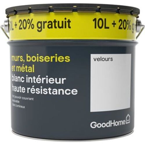 Peinture murs boiseries et métal GoodHome haute r?sistance blanc velours 10L + 20% offert