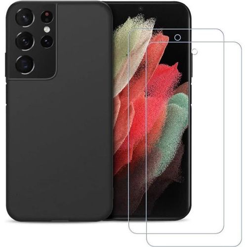 Coque Silicone TPU Noir + 2 Verres Trempes Pour Samsung Galaxy S21 Ultra 5G