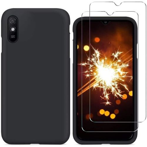 Coque Xiaomi Redmi 9a 6.53"" Noir + 2 × Verre Trempé Protection Écran, Souple Silicone Étui Protecteur Bumper Housse Noir Tpu Gel