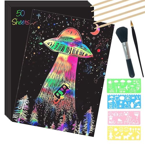 Ensemble D'art De Papier À Gratter, 50 Feuilles 8 X 11 Pouces Arc En Ciel Enduit Planche À Gratter Grand Papier Brouillon Avec Des Stylets En Bois Et Des Pochoirs
