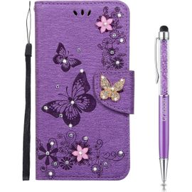Coque Pour Iphone Se 2020 (4,7 Pouces),Brillant Cristal Diamant Flip Cover ¿¿Tui De Protection Housse En Pu Cuir [Fente De Carte] [Fermeture Magn¿¿Tique] (Violet)