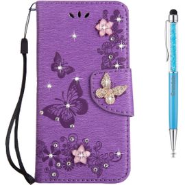 Coque Iphone 8 Plus,Etui Iphone 7 Plus, Imprim¿¿Fleur Et Papillon Etui En Pu Cuir Housse ¿¿ Clapet Flip De Carte Slots Magn¿¿Tique Emplacements De Cartes Iphone 7 Plus/Iphone 8 Plus (Violet)