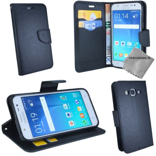 Housse Etui Coque Pochette Portefeuille Pour Samsung Galaxy J3 (2016) + Film Ecran - Noir / Noir