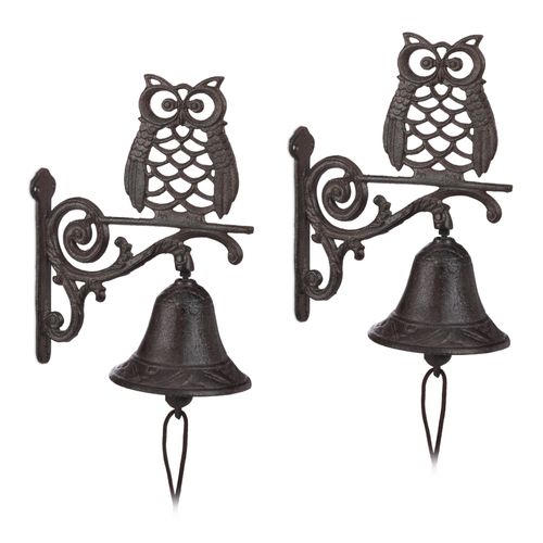 Relaxdays 2x Cloches Sonnette Murale Fonte Chouette Hibou Clochette Porte Seuil Jardin