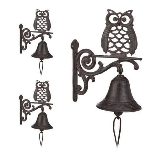 Relaxdays 3x Cloches Sonnette Murale Fonte Chouette Hibou Clochette Porte Seuil Jardin