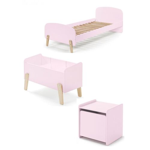 Vipack Kiddy Rose Lit Simple En Bois Laqu Et Brut Et Sommier + Chevet 1 Porte + Coffre Jouets