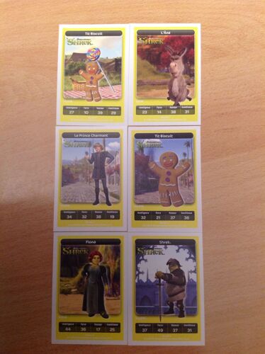 Shrek + Tit Biscuit + Tit Biscuit + Le Prince Charmant + Fiona + L'âne (Cartes Carrefour Dreamworks)