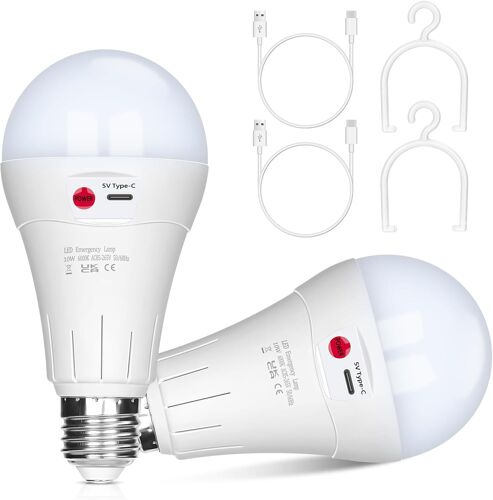 KALANKA-Ampoule rechargeable USB, 10 W, lampes LED E27, commande par bouton, intensité variable, ampoule à batterie 2000 mAh avec crochet pour éclairage d'urgence intérieur/extérieur (blanc froid, 2