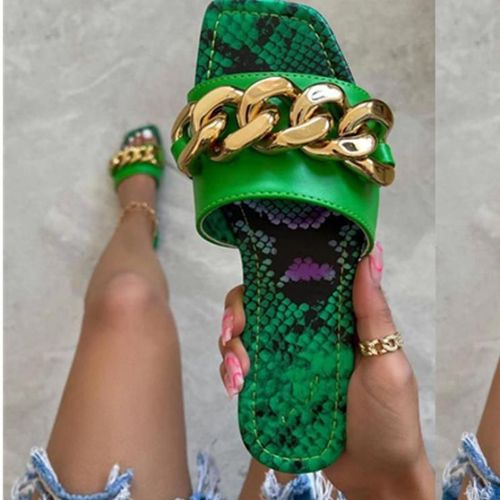 Ytmtloy Zapatillas Casa Mujer Pantoufles Chaîne En Métal, Sandales Bout Carré Pour Femmes, Chaussures Bout Ouvert En Cuir Pu Vert, Couleur Bonbon