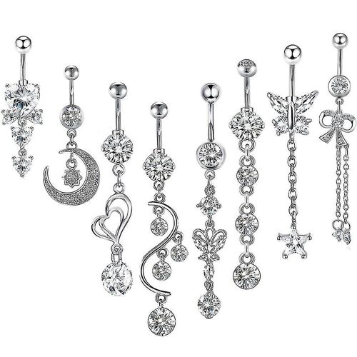 8 Pièces Anneaux De Nombril En Acier Long Dangle Belly Button Ring Cz Body Piercing Bijoux (Argent)
