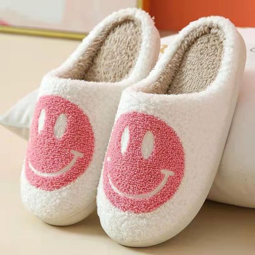 Sandales Femmestéchaussure Femmepantoufle Femme Chausson Femmepantoufles D'intérieur Smiley Pour Femmes, Chaussures De Couple, En Peluche, Plates, Couleur Unie, Garde Au Chaud