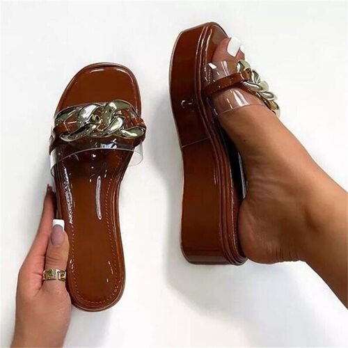 Sandales Semelles Compensées Avec Chaîne En Métal Pour Femmes, Chaussures D'extérieur Et De Plage, Pantoufles De Styliste, Tongs Décontractéesté