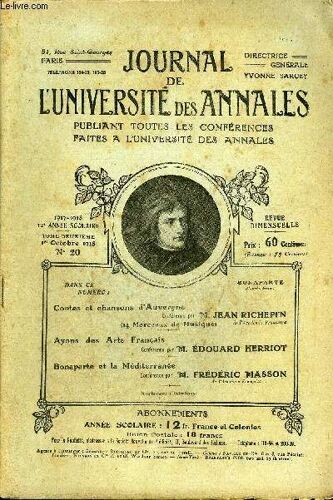 Journal De L'universite Des Annales 12e Annee Scolaire N°20 - Contes Et Chansons D¿Auvergneconférence Par M. Jean Richepin De L'académie Française (14 Morceaux De Musique)Ayons Des Arts ...