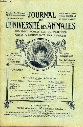 Journal De L'universite Des Annales 5e Annee Scolaire N°15 - Littérature Antique..Rlceale; Phèdre. ..M.Jean Richepin, De L'académie Françaisehistoire.....Leroman Populaire..T»L¿' Daniel ...