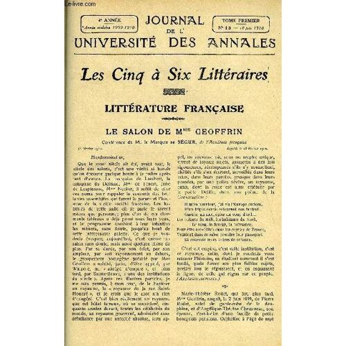 Journal De L'universite Des Annales Quatrieme Annee Scolaire N°13 - Sommaire : Littérature Françaisele Salon De Mme Geoffrin . M.Morale & Pédagogieleurs F Met..M.Histoire De La ...