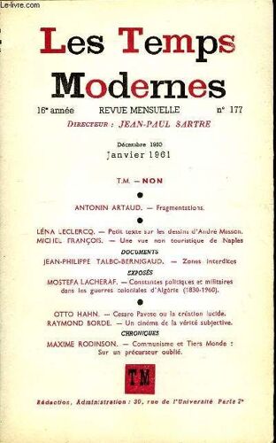 Les Temps Modernes N° 177 - T. M. -Non.Antonin Artaud. ¿ Fragmentationslena Leclercq. ¿ Sur Les Dessins D¿André Masson.Michel François. ¿ Une Vue Non Touristique De ...