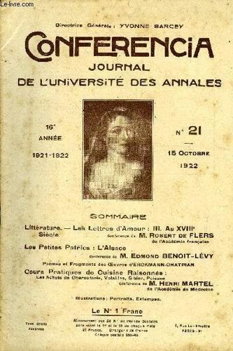 Conferencia 16e Annee N°21 -Littérature. ¿ Leë Lettres D'amour : Iii. Au Xviii0siècleconférencede M. Robert De Flersde L'académie Françaiseles Petites Patries : L¿Alsace Conférence De M. ...