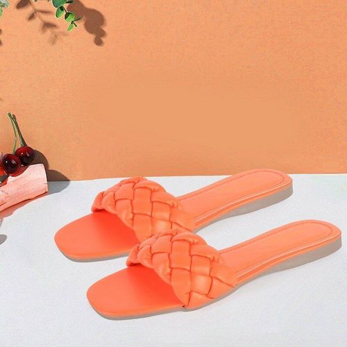 Pantoufles Tissées En Cuir Souple Pour Femme Chaussures De Style Décontracté, Sandales De Plage D'extérieur, Tongues Talons Plats,