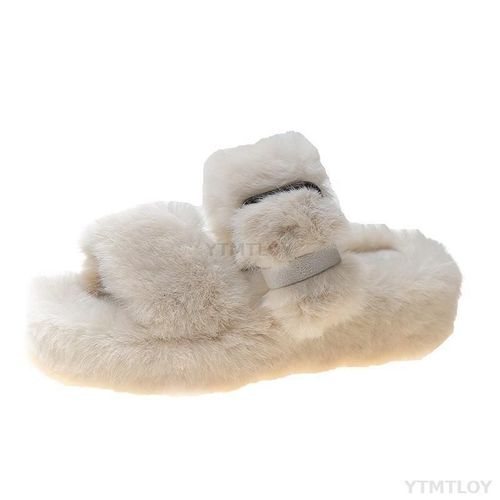 Pantoufles En Fourrure Pour Femmes, Chaussures D'intérieur Antidérapantes, Semelle En Caoutchouc, Avec Boucle De Décoration, La Mode, Pour Filles