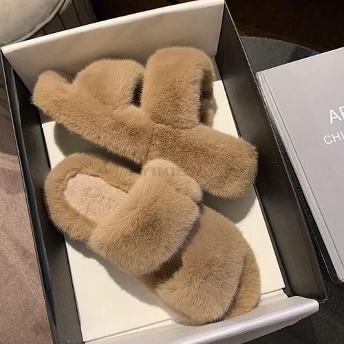 Pantoufles En Fourrure Pour Femmes, Chaussures D'intérieur Antidérapantes, Semelle En Caoutchouc, Avec Boucle De Décoration, La Mode, Pour Filles